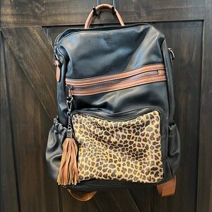 Stylish Black and Brown Backpack with Leopard Print